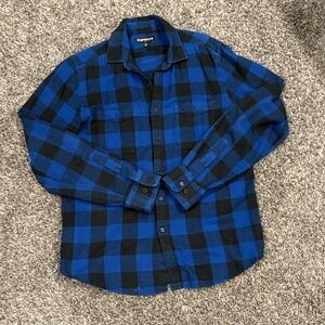 Express Men's Bold Blue and Black Checkered Shirt